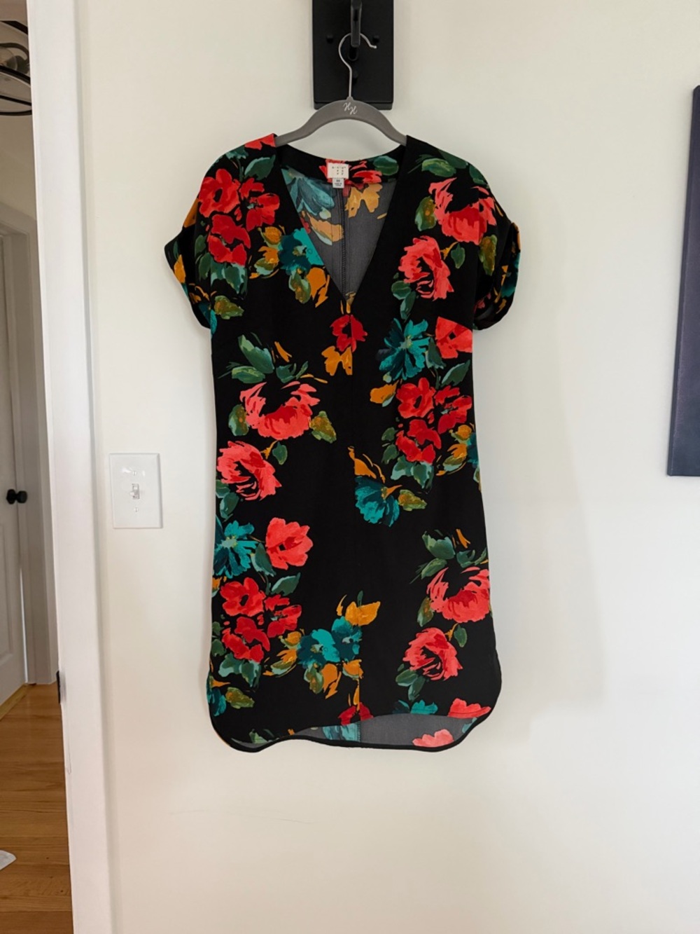 a.n.a Black Mini Dress with Red & Teal Floral Pattern